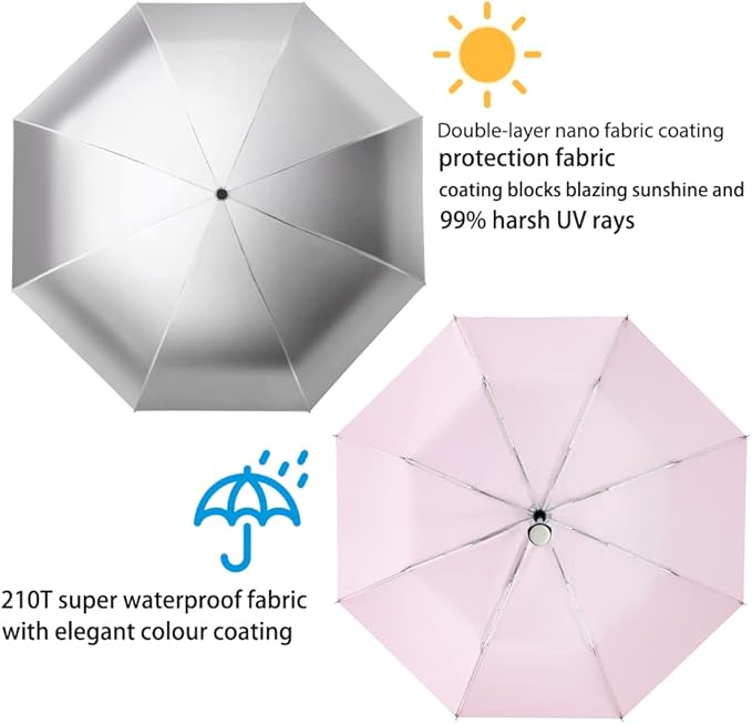 FDJASGY Silver Coating Layer Fabric Blocking UV 99.9% Sun Umbrella Compact Folding Travel Umbrella Automatic Windproof Umbrellas For Men and Women (Pink)