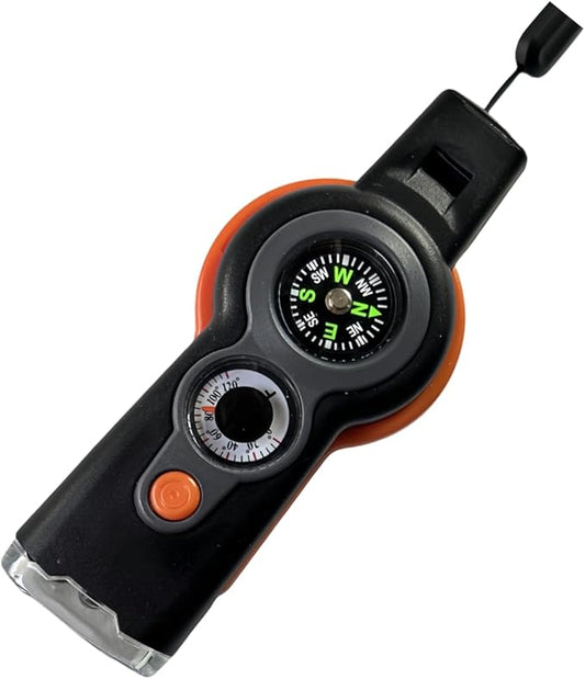 7 in 1 Emergency Survival Whistle with Compass, Outdoor Multi-Functional Hiking Safety Tool with Lanyard