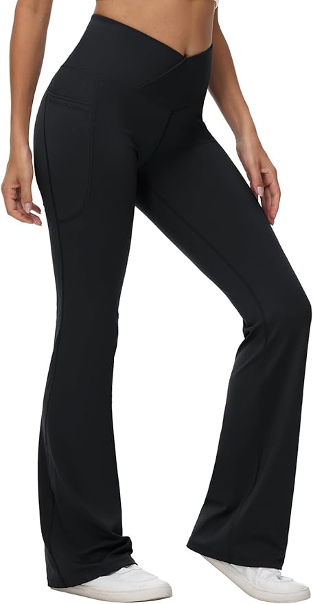 baleaf Women's V Crossover Flare Leggings with Pockets Yoga Pants High Waist Casual Workout Gym Bell Bottom Leggings