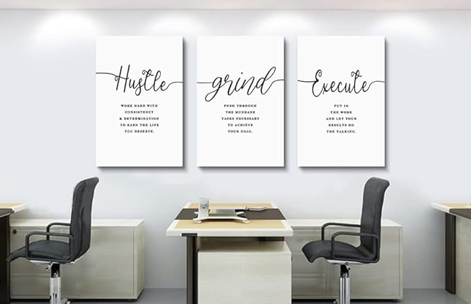 EPHANY Inspirational Wall Art - Large Office Wall Decor Painting, Hustle Grind Execute Quotes, office wall art,working room wall decor, gift for boss (H-3pcs,24x36inchx3pcs)