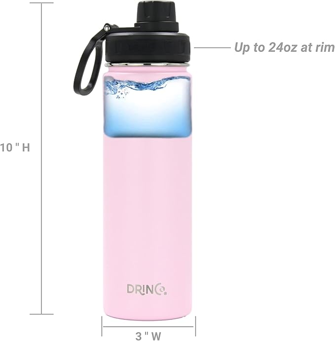DRINCO Stainless Steel Water Bottle Spout Lid Vacuum Insulated Double Wall Water Bottle Wide Mouth (40oz 32oz 22oz 18oz 14oz) Leak Proof Keeps Cold or Hot (22 oz, 22oz Flamingo Pink)