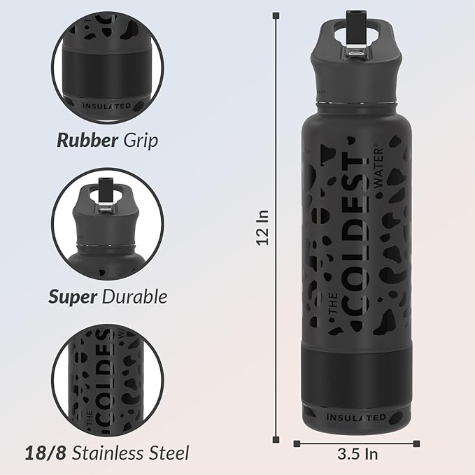 Coldest Insulated Water Bottle with Straw Lid - Stainless Steel Metal Insulated Bottle for Men & Women (Black Leopard, 40 oz)