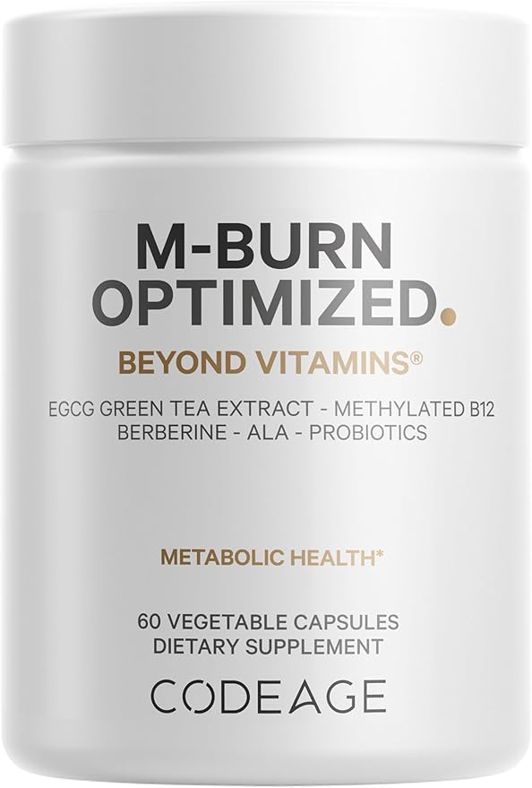 Codeage M-Burn Optimized Supplement - Decaffeinated Green Tea Std. to 50% EGCG, Berberine, Akkermansia, Vitamin B12 - Probiotics - Vitamins - 60 Capsules