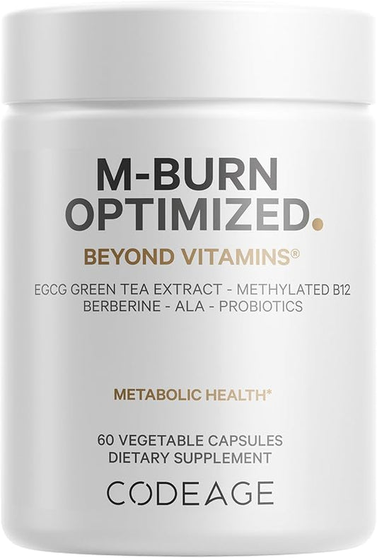 Codeage M-Burn Optimized Supplement - Decaffeinated Green Tea Std. to 50% EGCG, Berberine, Akkermansia, Vitamin B12 - Probiotics - Vitamins - 60 Capsules