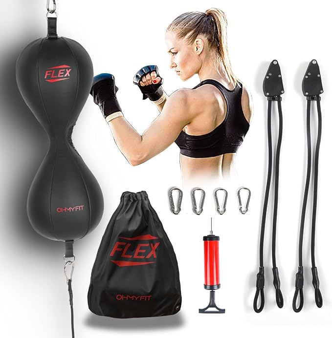 Flex Double End Punching Bag - Bungee Cords w/Special Flex Adjustable System - Durable Bladder Speed Bag - Boxing Training Equipment for Adults - Home Gym Accessories