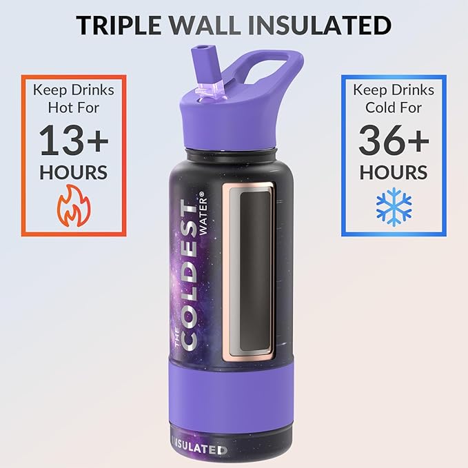 Coldest Insulated Water Bottle with Straw Lid - Stainless Steel Metal Insulated Bottle for Men & Women (Astro Purple, 32 oz)