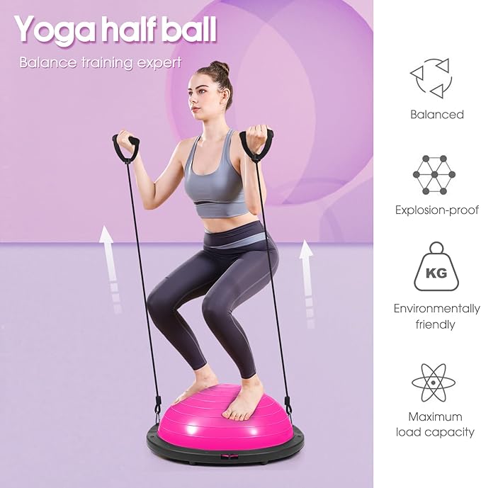 Half Balance Ball Trainer with Resistance Bands, Pink, Exercise Ball for Yoga and Stability Training