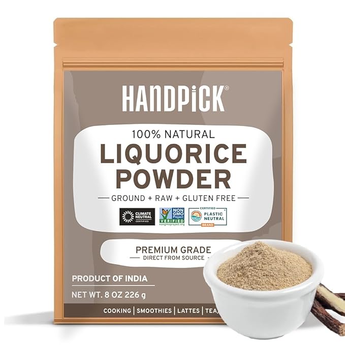 HANDPICK Licorice Root Powder (226g/8oz) Non GMO, Gluten Free, 100% Raw Ground Mulethi, Sourced from India, Glycyrrhiza Glabra, Packed in Resealable Ziplock Pouch