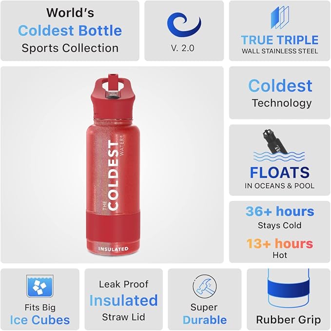 Coldest Insulated Water Bottle with Straw Lid - Stainless Steel Metal Insulated Bottle for Men & Women (Mars Red Glitter, 32 oz)