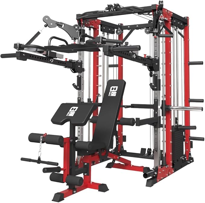 FAGUS Commercial Smithe Machine with 308lb Dual Weight Stacks, 4000LBS Power Cage Squat Rack with Lever Arm & Leg Press, Multi-Function Linear Bearing Cable Crossover Machine for Home Gym