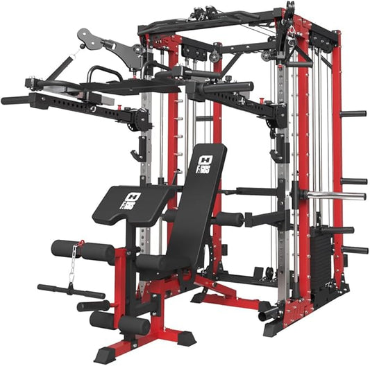 FAGUS Commercial Smithe Machine with 308lb Dual Weight Stacks, 4000LBS Power Cage Squat Rack with Lever Arm & Leg Press, Multi-Function Linear Bearing Cable Crossover Machine for Home Gym