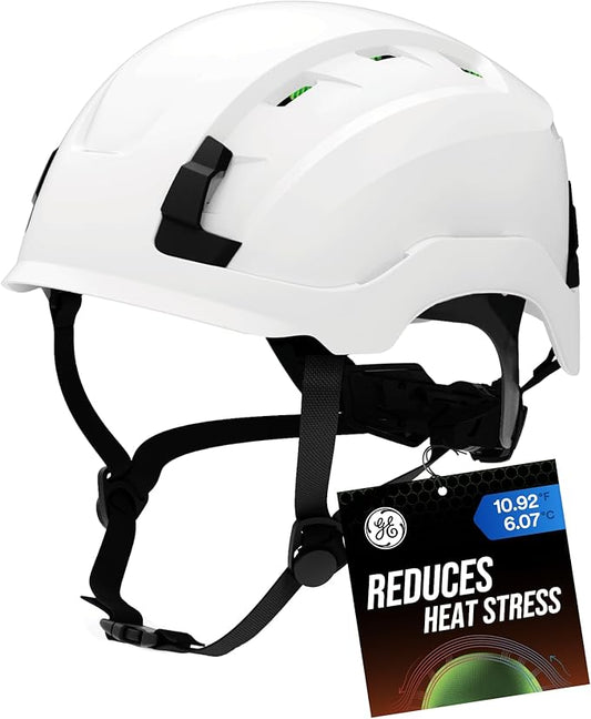 GE Safety Helmet, Impact Absorbing Tech, Adjustable Ratchet, ANSI Type 1, Memory Foam Padding, Hard Hats Protection, Lightweight, Durable, Chin Strap, Comfortable Fit OSHA Approved