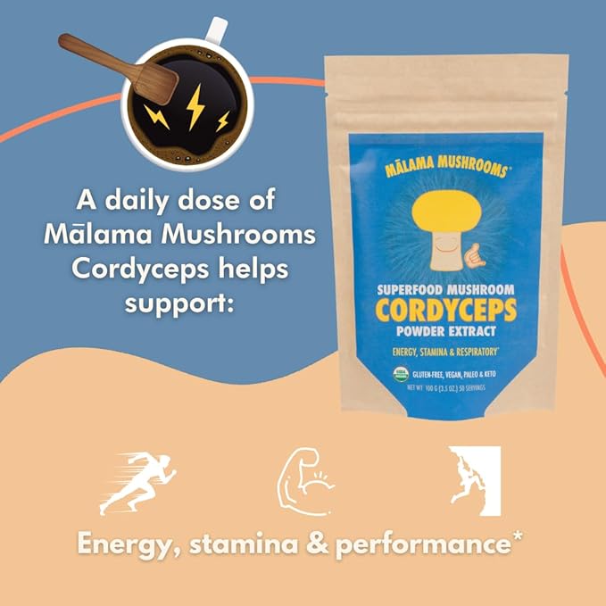 Cordyceps Extract Powder by Malama, Organic Fruiting Body Cordyceps Mushroom Powder, Superfood Adaptogenic, Supports Energy, Endurance & Mood, 100 Servings