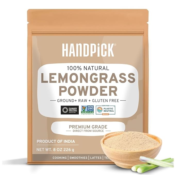 HANDPICK Lemongrass Powder (226g/8oz) Non GMO, Gluten Free, 100% Raw, Sourced from India, For Cooking, Smoothies, Tea, Packed in Resealable Ziplock Pouch