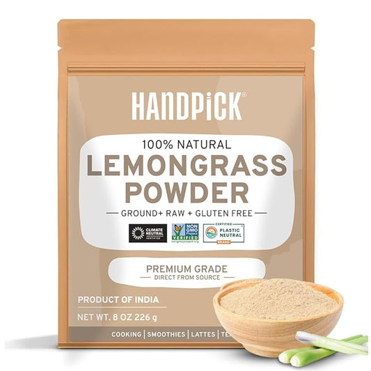 HANDPICK Lemongrass Powder (226g/8oz) Non GMO, Gluten Free, 100% Raw, Sourced from India, For Cooking, Smoothies, Tea, Packed in Resealable Ziplock Pouch