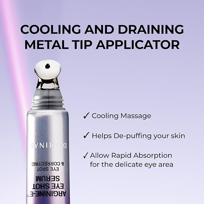 Atclinic DOMINAS Caffeine Eye Serum with Arginine-E & Vitamin E – Korean Eye Gel for Puffiness, Dark Circles, Fine Lines | Cooling Guasha Metal Tip (0.67 fl oz)