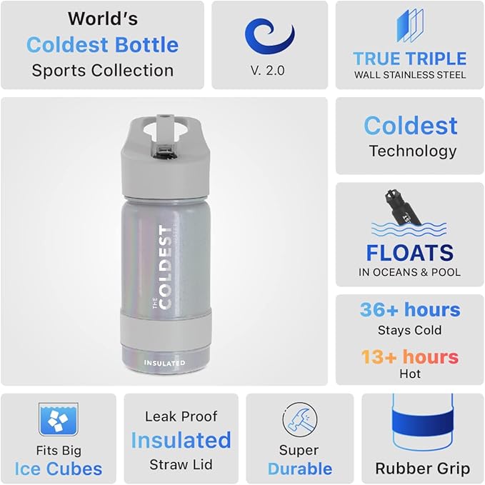 Coldest Insulated Water Bottle with Straw Lid - Stainless Steel Metal Insulated Bottle for Men & Women (Supernova Silver Glitter, 14 oz)