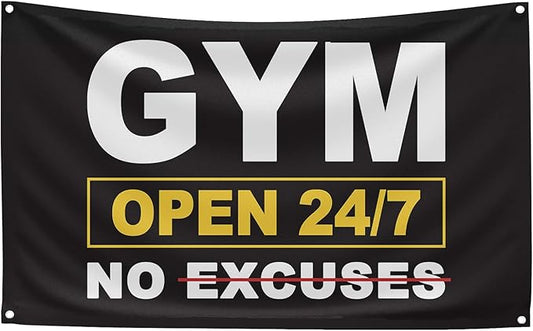 GYM OPEN 24/7 INDOOR NO EXCUSES Motivational Gym Banner, 3x5 Ft Single-sided Printing Inspirational Wall Decor Flag, Perfect Motivational Wall Decor, Keep Motivated and Passion with Gym Flag