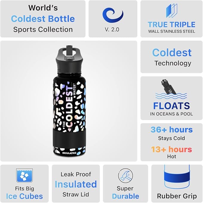 Coldest Insulated Water Bottle with Straw Lid - Stainless Steel Metal Insulated Bottle for Men & Women (Moonlight Leopard, 32 oz)