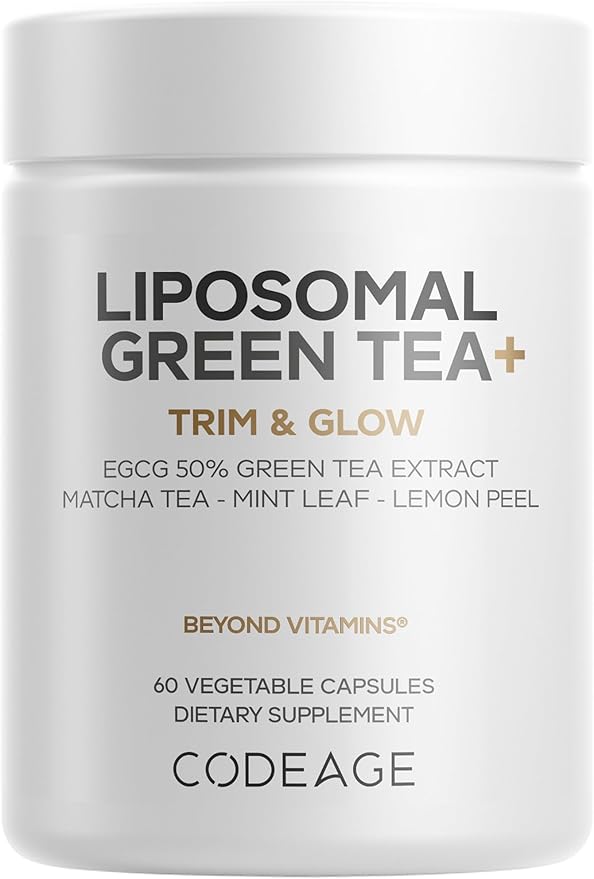 Codeage Liposomal Green Tea+ EGCG 50% Green Tea Extract, Organic Matcha Green Tea Powder, Peppermint Leaf, Lemon Peel, Liposomal Delivery - Vegan Pils Supplement - Non-GMO - 60 Capsules