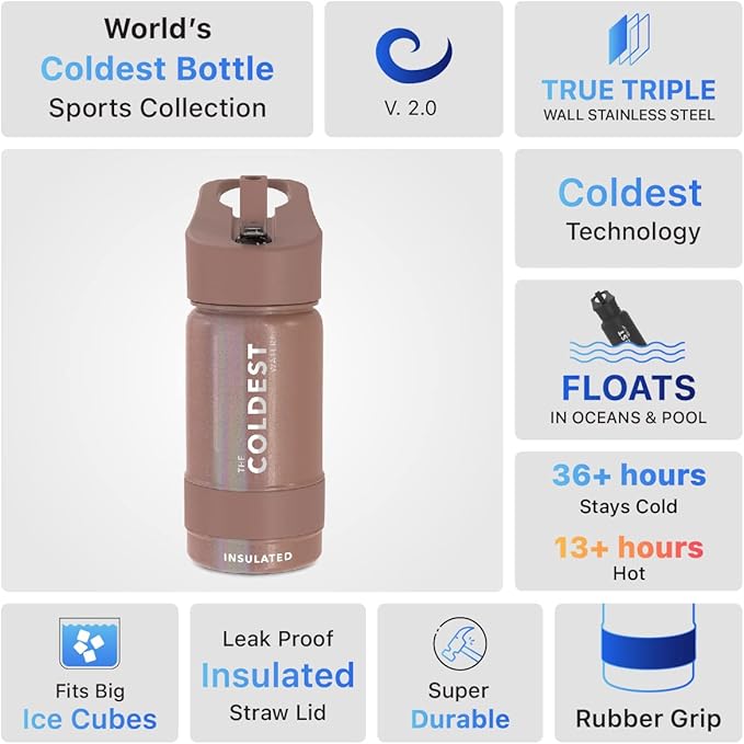 Coldest Insulated Water Bottle with Straw Lid - Stainless Steel Metal Insulated Bottle for Men & Women (Rose Gold Glitter, 14 oz)