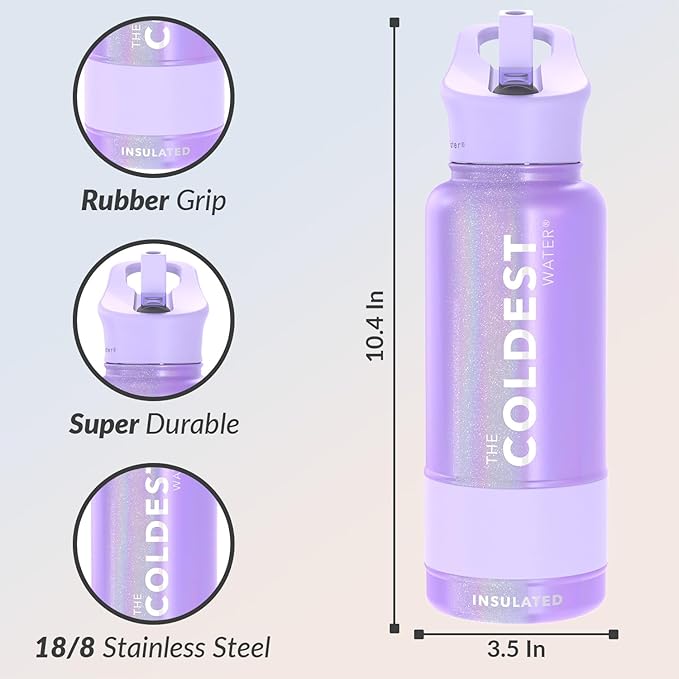 Coldest Insulated Water Bottle with Straw Lid - Stainless Steel Metal Insulated Bottle for Men & Women (Saturn's Moon Purple Glitter, 40 oz)