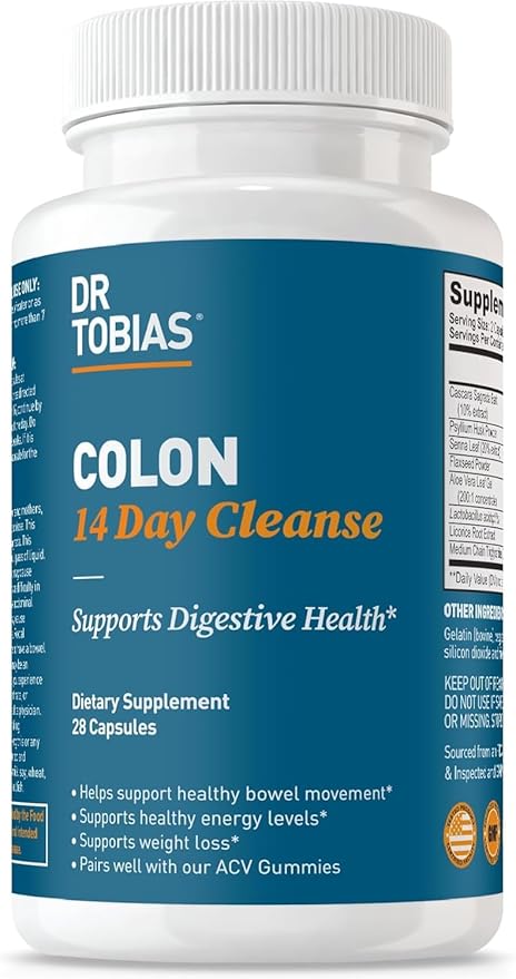 Dr. Tobias Colon 14 Day Cleanse, Advanced Gut Cleanse Detox for Women & Men with Cascara Sagrada, Psyllium Husk, Senna Leaf & Probiotics, Non-GMO Colon Cleanse, 28 Capsules 1-2 Daily