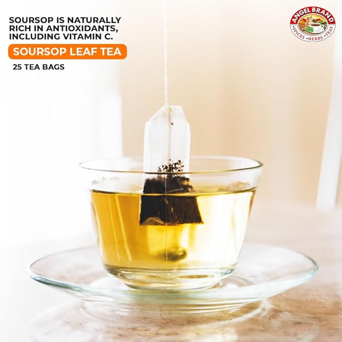 Angel Brand Soursop Tea Bags 25 Natural Tea Bags for Health Benefits and Immune Support, Famous in Jamaican Culture - Graviola Leaves Give Taste, Vitamins & Minerals
