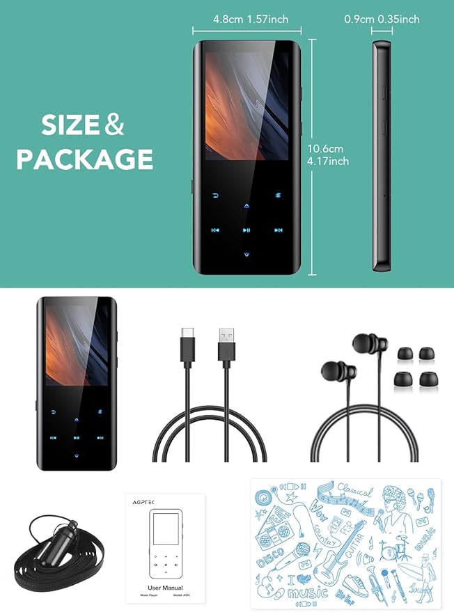 AGPTEK 64GB MP3 Player with Bluetooth 5.3, A19PL 2.4" Curved Screen Portable Music Player with Speaker Lossless Sound with FM Radio, Voice Recorder, Supports up to 128GB, Black