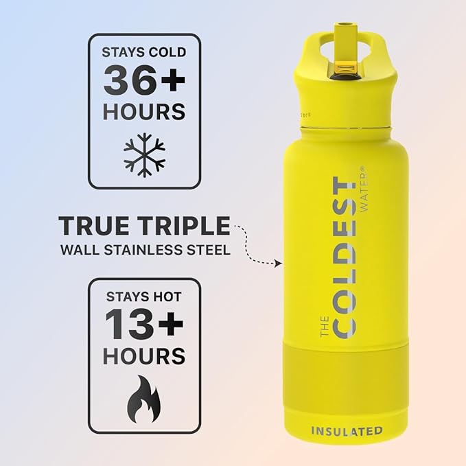 Coldest Insulated Water Bottle with Straw Lid - Stainless Steel Metal Insulated Bottle for Men & Women (Solar Yellow, 32 oz)