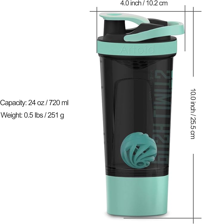 Artoid Mode 24-Ounce Protein Shaker Bottle, Dual Mixing Technology, BPA Free, Aqua Green/Black