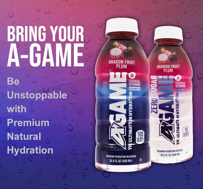 A-GAME Zero Sugar Sports Drink, Dragon Fruit Plum Zero Sugar, The Ultimate Sugar Free Hydration Sports Beverage, 8 Essential Vitamins including B, C, & E plus Sea Salt Electrolytes, All Natural Flavors, Gluten Free & Keto Friendly, 16.9 Fl Oz (Pack of 12)