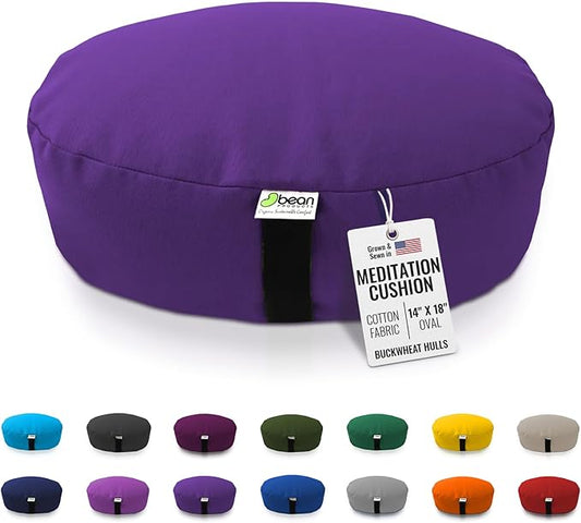 Bean Products Zafu Meditation Pillows for Sitting on Floor, Yoga Cushion, Cotton/Buckwheat Fill Yoga Pillow, Zafu Meditation Cushion, Zen Kneeling Prayer Pad- Made in USA - 14"x18" Oval - Purple