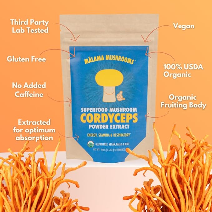 Cordyceps Extract Powder by Malama, Organic Fruiting Body Cordyceps Mushroom Powder, Superfood Adaptogenic, Supports Energy, Endurance & Mood, 100 Servings