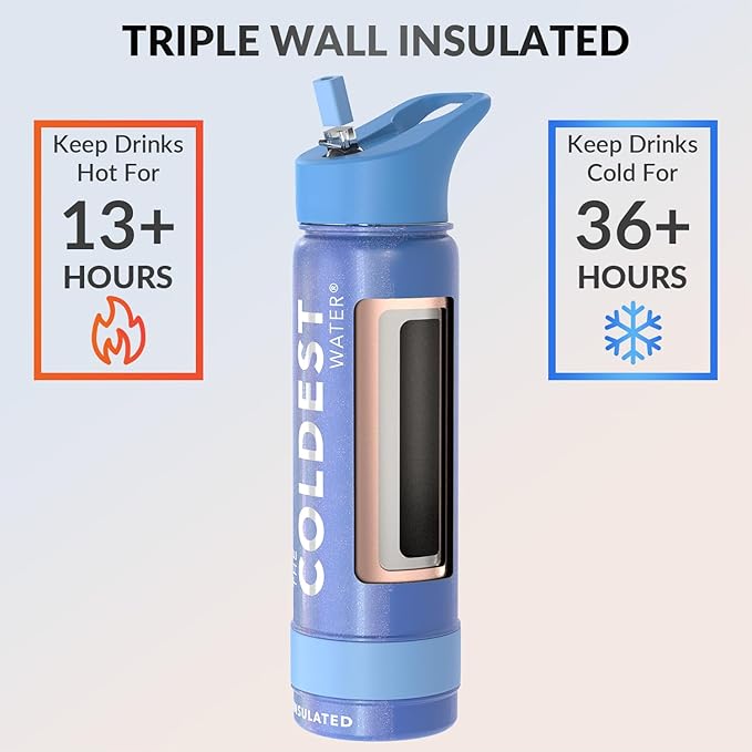 Coldest Insulated Water Bottle with Straw Lid - Stainless Steel Metal Insulated Bottle for Men & Women (Galactic Blue Glitter, 24 oz)