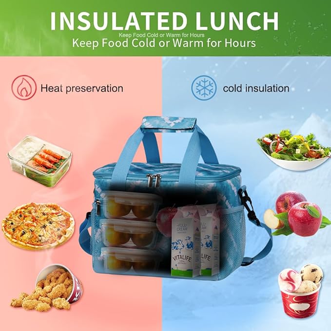 iknoe Large Foldable Cooler Bag, 8.5L Insulated Lunch Bag, Leakproof Lunch Cooler Tote with Multi-Bag Design Suitable for Beach, Picnic and Office Use, Blue White 15-Can