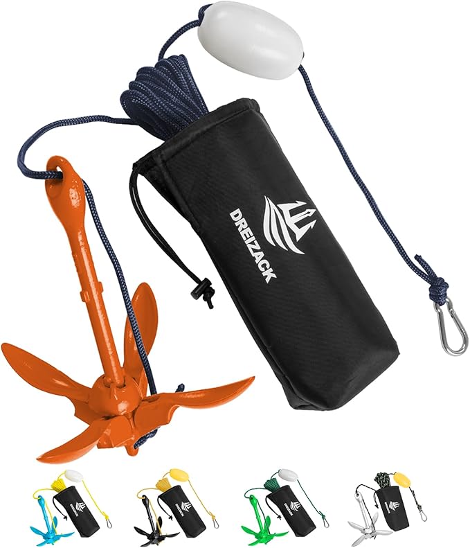 Dreizack Kayak Anchor Kit, 3.5 lb Folding Grapnel Boat Anchor Trolley Accessories with 40ft Rope and PVC Buoy for Fishing Kayaks SUP Paddle Boards Canoes Jet Ski PWC Inflatable Small Boats