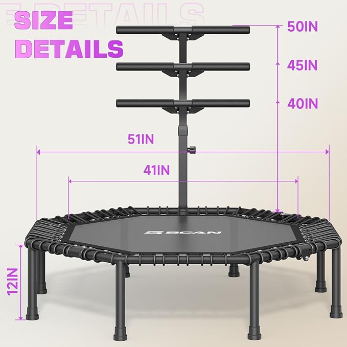 BCAN 51" Octagonal Mini Trampoline, Max Load 450 LBS Fitness Trampoline with T-Adjustable Handle Bar, Silent Bungees, Larger, More Stable, Quieter Exercise Rebounder for Adults Indoor/Garden Workout