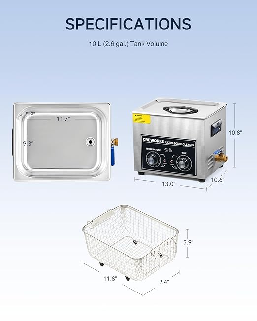 CREWORKS 10L Ultrasound Cleaning Machine with Heater and Timer, 240W Stainless Steel Ultrasonic Washing Machine, 2.6 gal Professional Ultrasound Parts Cleaning Machine for Lab Tool Glasses Auto Part