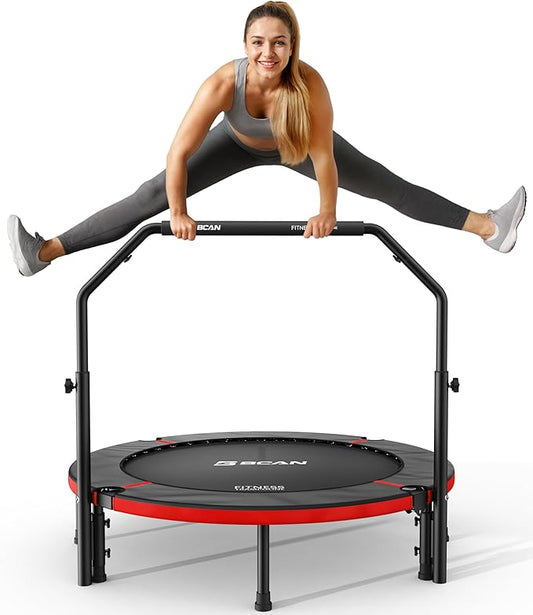 BCAN 40"/48" Foldable Mini Trampoline, Rebounder Trampoline for Adults, U/T Shape Adjustable Foam Handle, Exercise Rebounder for Adults Indoor/Garden Workout, Max Load 330lbs/440lbs