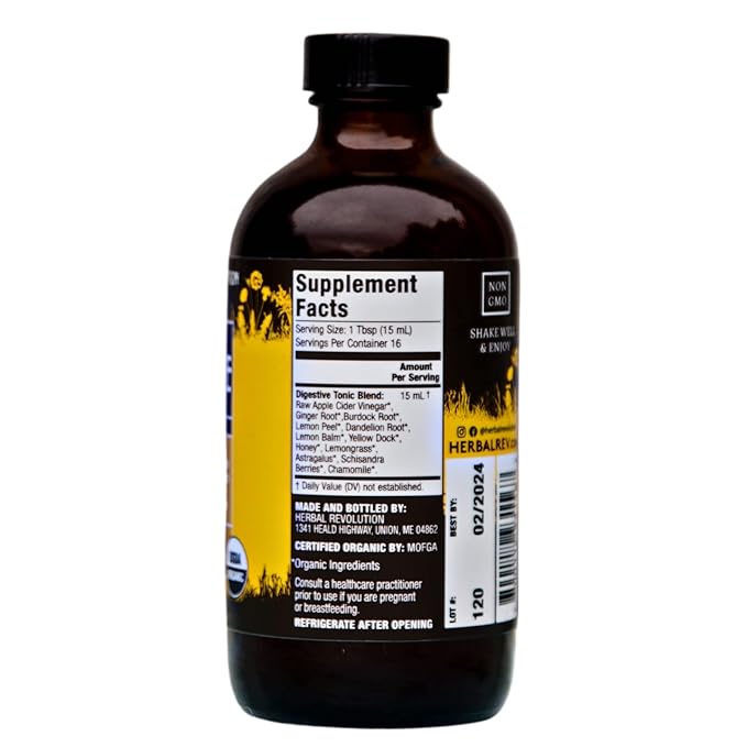 Herbal Revolution Digestive Tonic - Certified Organic Non-GMO Apple Cider Vinegar Infused with Honey, Burdock Root, Dandelion, Lemon Balm & More, Made Using Regenerative Farming Practices - 8 Fl Oz