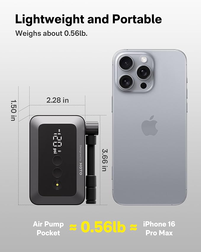 HOTO Mini Bike Tire Pump, 25s Fast Inflate Bicycle Pump with Guage, 150PSI Portable Electric Bike Air Pump with Presta and Schrader Valve for Road Bike, Motorcycle, Mountain Bike, Car, Sports Ball