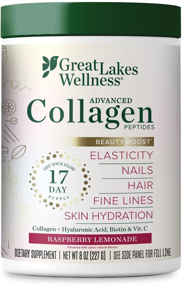 Great Lakes Wellness Beauty Boost Advanced Collagen Peptides Powder with Hyaluronic Acid, Biotin, Vitamin C - Skin Elasticity and Hydration - Raspberry Lemonade Flavor - Non-GMO, Keto, Kosher - 8 oz