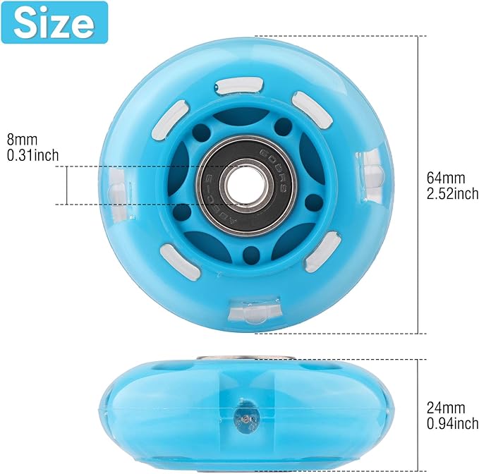 8pcs Inline Skate Wheels Led Light-Up Wheels 64/70/72/76/80mm w/Bushings 85-88A for Kids and Youth Beginners Children's Inline Skates Indoor/Outdoor Use (Blue, 64mm)