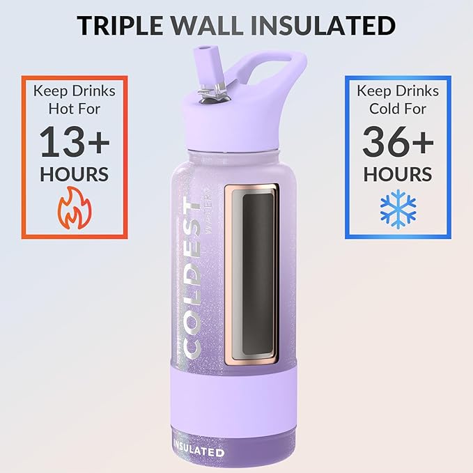 Coldest Insulated Water Bottle with Straw Lid - Stainless Steel Metal Insulated Bottle for Men & Women (Purple Ombré Glitter, 32 oz)