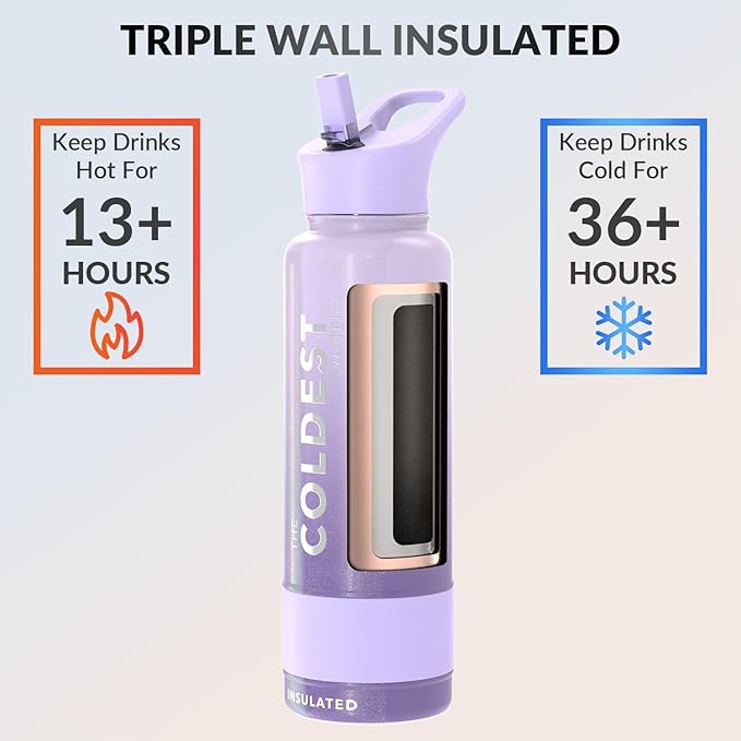 Coldest Insulated Water Bottle with Straw Lid - Stainless Steel Metal Insulated Bottle for Men & Women (Purple Ombré Glitter, 40 oz)