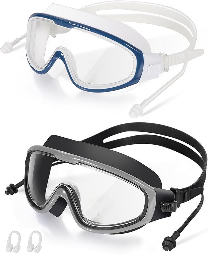 Adult Swimming Goggles,Leak-Proof,Anti-Fog Pool Glasses,Wide View Swim Goggles with Ear Plugs and Nose Clip
