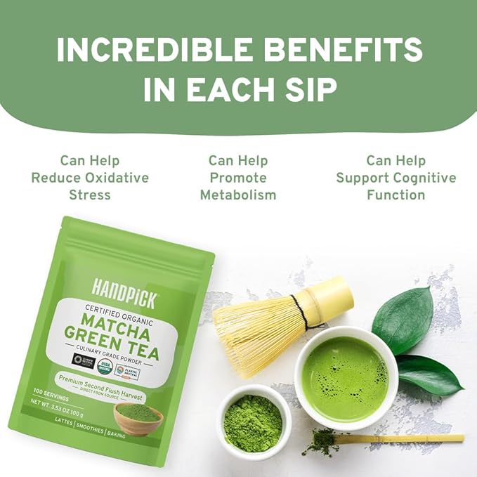 HANDPICK Japanese Organic Matcha Green Tea Powder (100 Servings) - Authentic Premium Second Flush Harvest | Resealable Ziplock Pouch