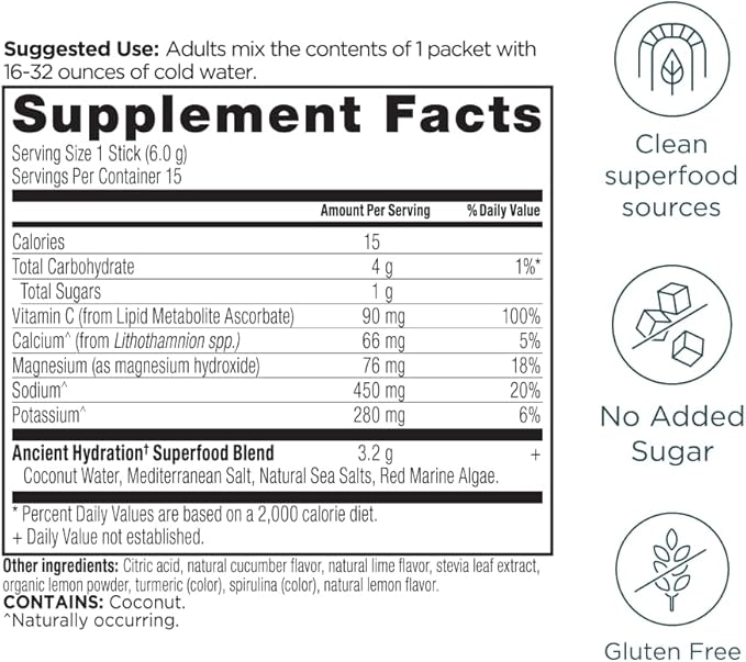 Ancient Nutrition Rapid Hydration Powder, Lemon Lime, Electrolytes from Natural Sea Salts and Red Marine Algae, Supports Rapid Body Hydration and Cellular Health, 15 Servings