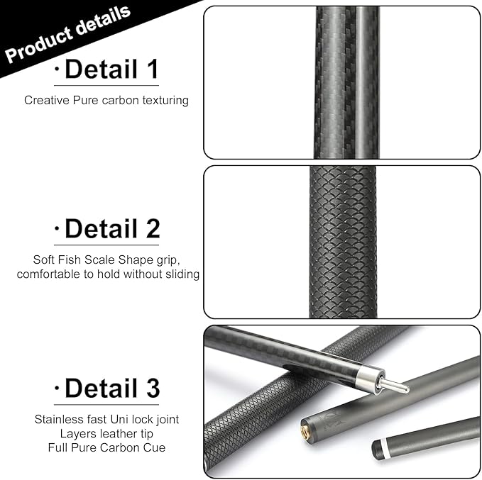 CROWN ME Carbon Fiber Pool Cue Stick 12.5mm Tip Billiard Carbon Fiber cue, Weight 20OZ Cue Stick, 58" Pool Table Sticks
